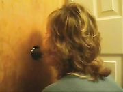 Hubby watching wife swallowing a black cock at gloryhole